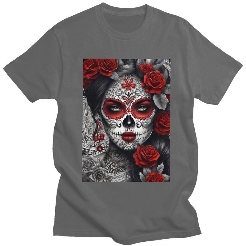 Custom Mexican Catrina Sugar Skull Lady Tshirt for Men Short Sleeves Casual T Shirt Tshirts Slim Fit Pure Cotton Tees Gift