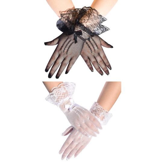 Women's Short Lace Gloves Sheer Mesh Tulle Wrist Length Gloves with Bow Wedding Bridal Fishnet Gloves Opera Tea Party Accessory