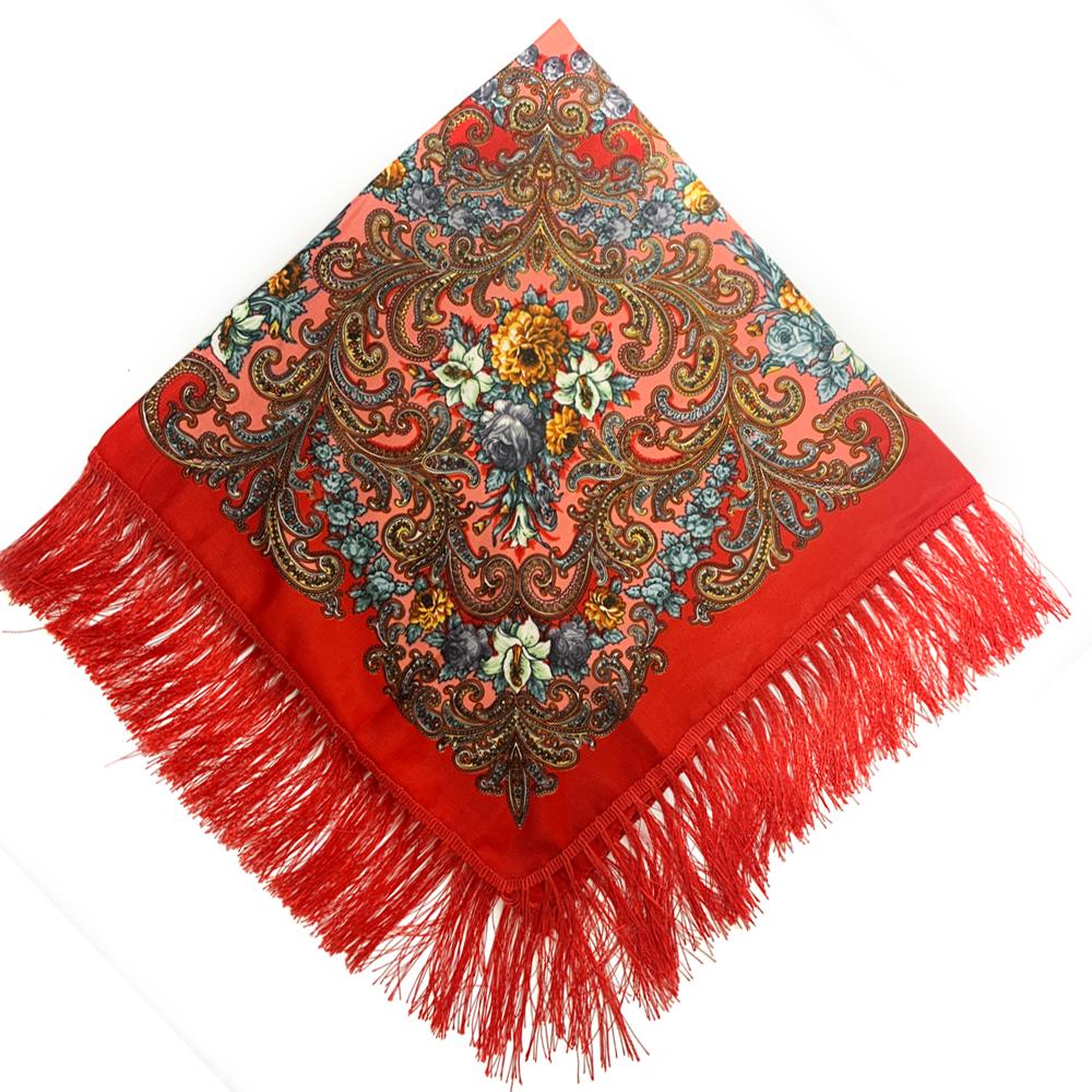 90*90cm Women Russian National Square Scarf Luxury Floral Print Russian Shawls Scarves Female Retro Fringed Foulard Wraps