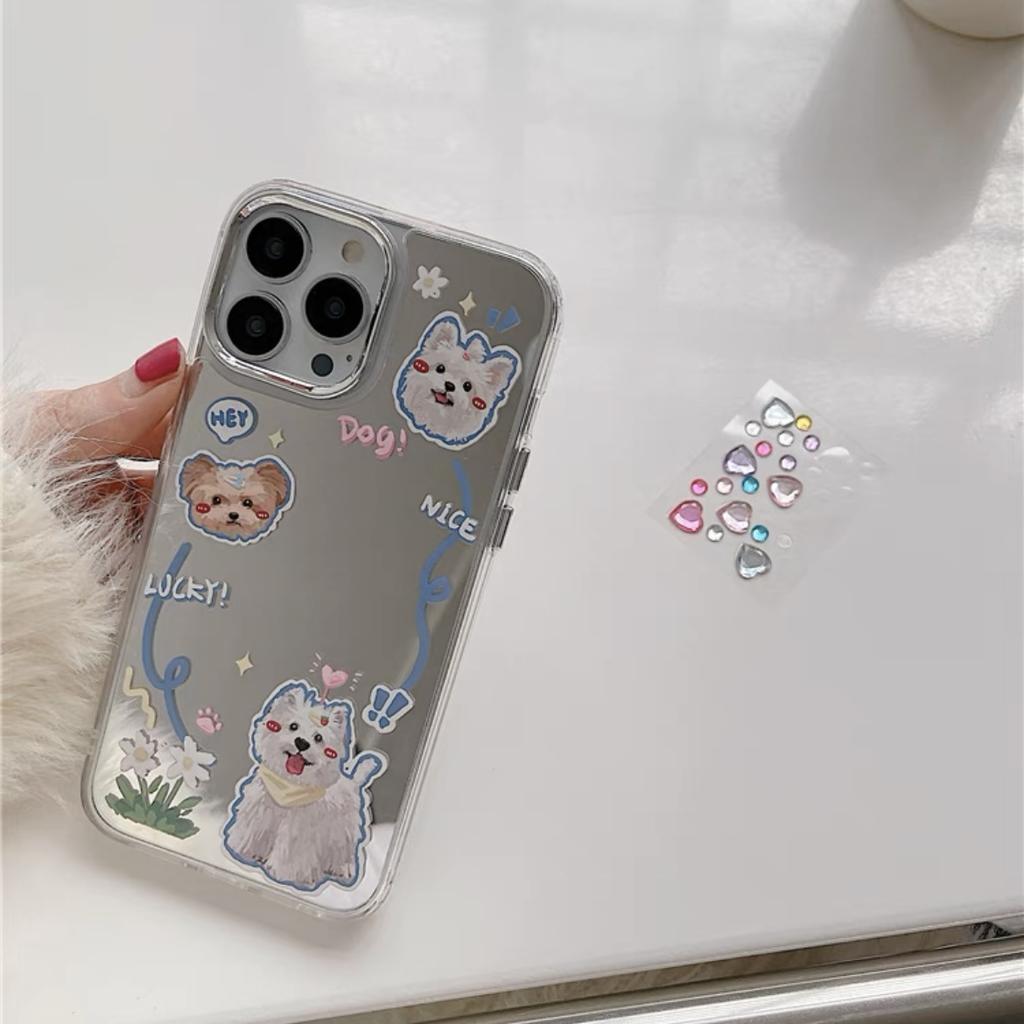 Cute mirror puppy bracket for iphone11Promax iPhone 11 mobile phone case 11/11/11 sticker drill girl