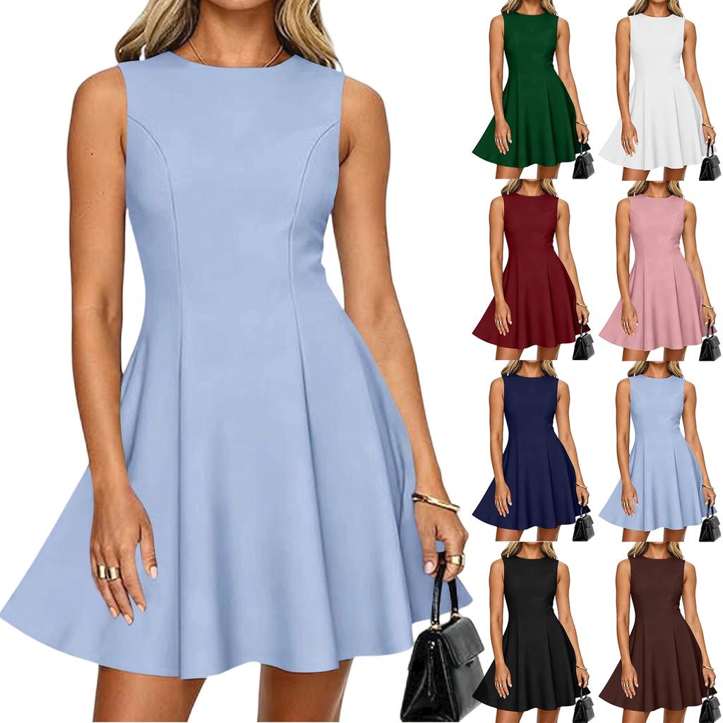 Sleeveless A-Line Dress for Women Casual Elegant Fit and Flare Knee Length Summer Dress with Round Neck and Seam Detailing