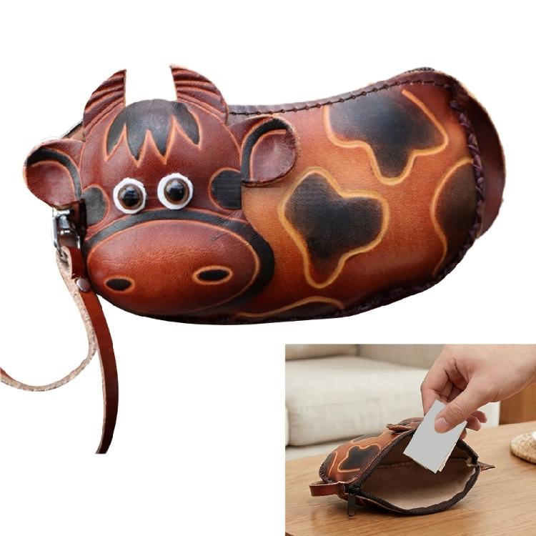 Praktische zweifarbige Leder Schlüsselanhänger Tasche Zubehör Gestaltet Mit Cartoon Rinderfigur Und Kratzfester Auskleidung