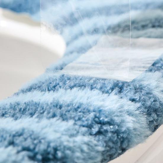 1 Pair Toilet Mat Striped Pattern Thickened Design Plush Warm Toilet Seat Protector Easy Installation Bathroom Mat