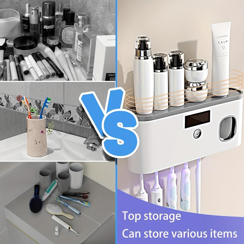 Smart Toothbrush Sterilizer with Automatic Toothpaste Dispenser - Wall Mount, 5-Slot Storage, Durable Plastic, USB Rechargeable Battery