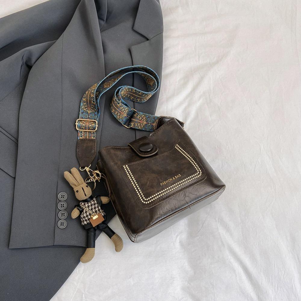 with Bunny Plush Pendant PU Leather Crossbody Bag Large Capcity Ins Square Tote Bag  Ladies/Girls