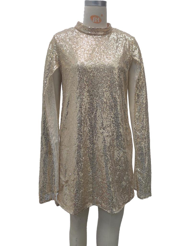 Spring European & American Stand Collar Sequin Dress - Loose Fit Women's Wear
