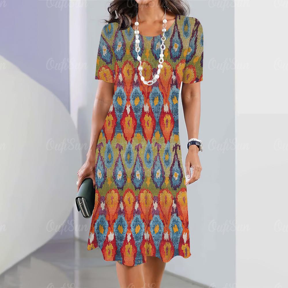 

Женская мини-юбка с богемным принтом, модные летние платья до колена, уличные элегантные игривые платья 2023 года с круглым вырезом, женский топ Y2k, пуловер 5XL