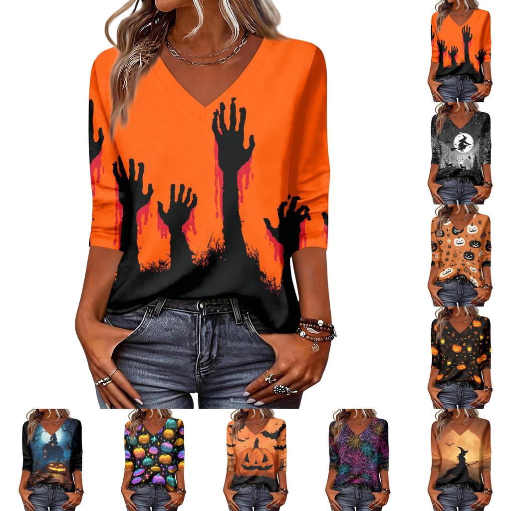 Women's Casual V-Neck 3/4 Sleeve Top with Halloween Print for Holiday Party and Daily Wear
