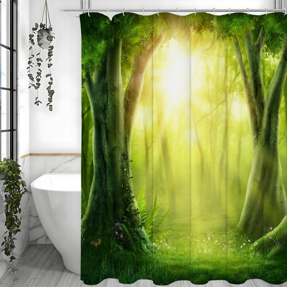 Tree Deep Forest Greenery Cure Green Sunshine Shower Curtain, Bathroom Decorative Shower Curtain, Waterproof Shower Curtain With