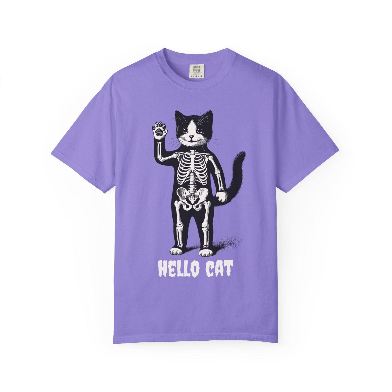Hello Cat Skeleton Halloween T-Shirt: Funny Color Pop Graphic Tee 4XL
