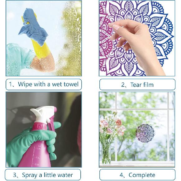 GORGECRAFT 4 Styles Mandala Window Clings Non Adhesive Static Flower of Life Sliding Door Sticker Waterproof Spring Window Film Prevent Birds from