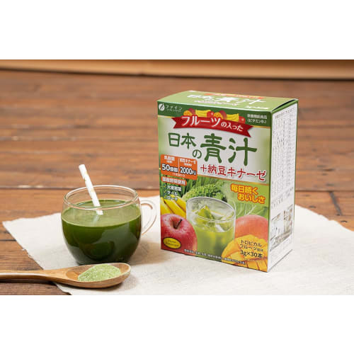 FINE JAPAN Fruit-Filled Japanese Green Juice + Nattokinase with Barley Grass, Kale, and Bitter Melon. Contains 2000FU of Nattokinase, 5 Billion Lactic
