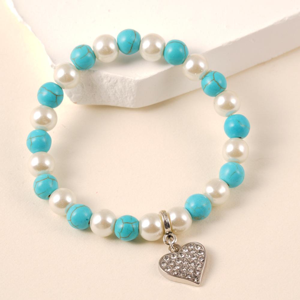 Pearl Turquoise Beaded Heart Pendant Elastic Bracelet