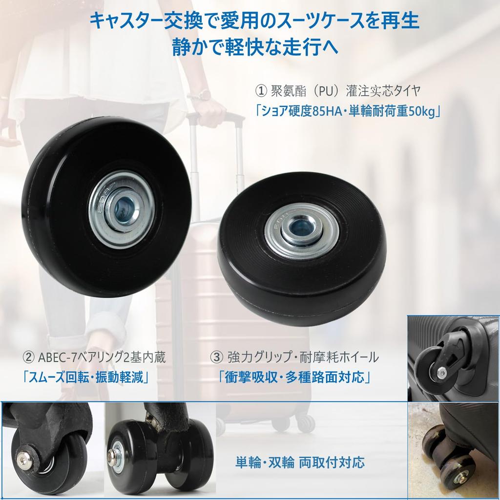 Suitcase Tire Replacement Kit, Set of 4, Silent Wheel Repair Kit for Carry-on Bags, DIY Replacement, Includes Saw (Black, 50mm Wheel Diameter)