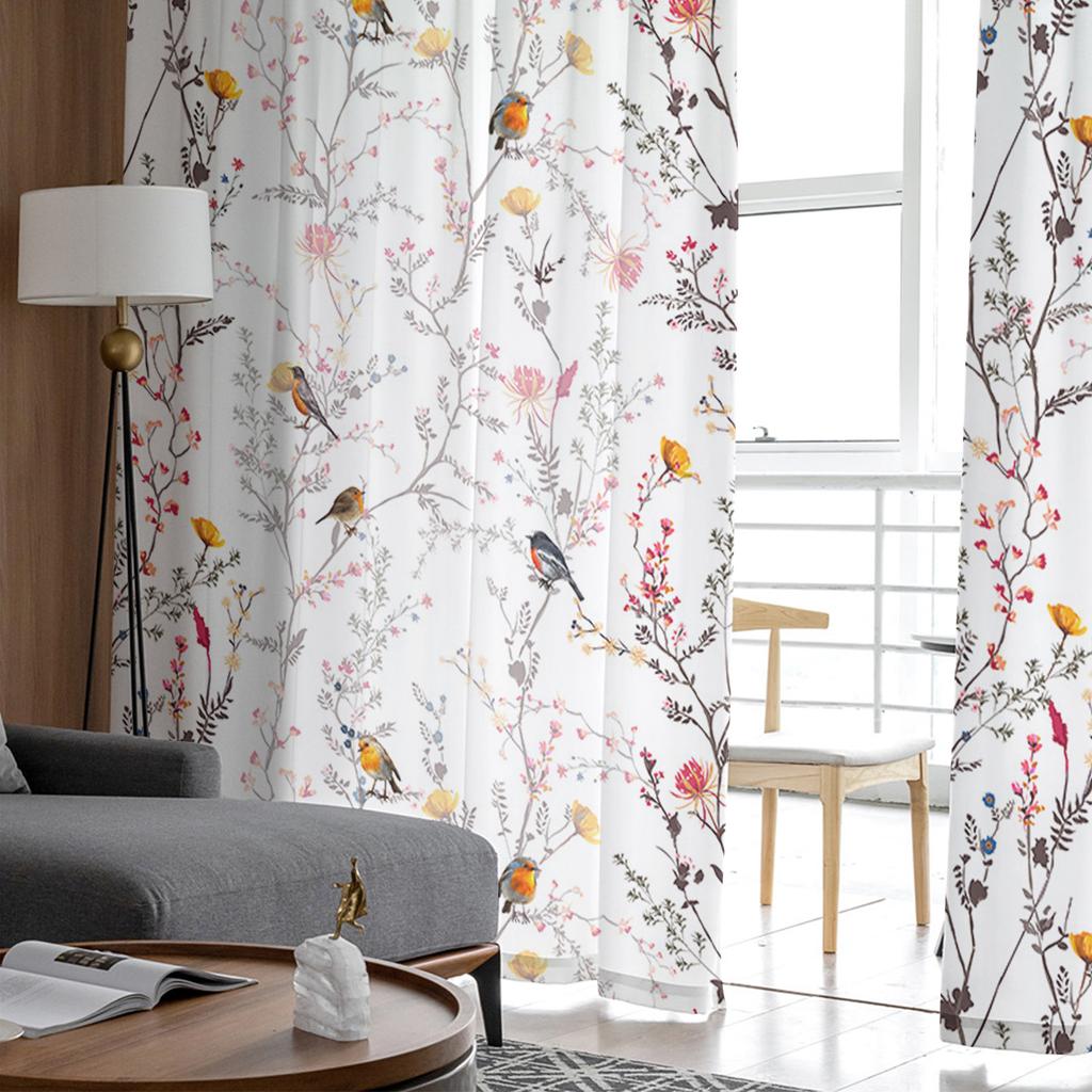 Spring Bird Sun Flower Orchid Retro Voile Sheer Curtains Living Room Window Tulle Curtain Kitchen Bedroom Drapes Home Decor
