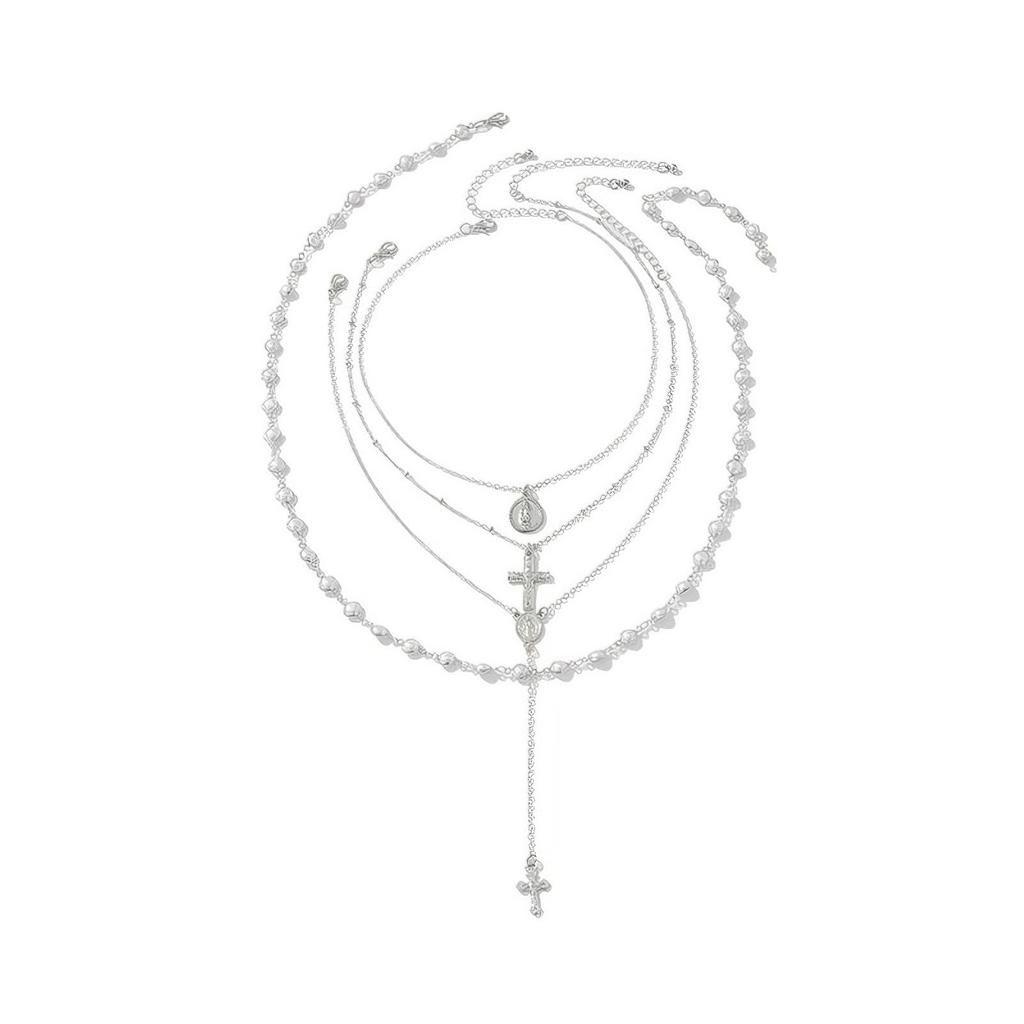 European and American multi-layer stacked cross necklace female niche light luxury high-end metal cold wind collarbone chain accessories