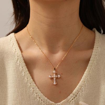 Pearl Cross Pendant, Retro Necklace, Women's Light Luxury Niche Sweater Chain Necklace