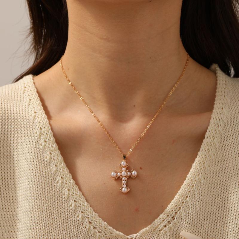 Pearl cross pendant, retro necklace, women's light luxury niche sweater chain necklace