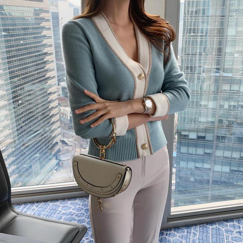 

Women s Contrast V-Neck Knitted Cardigan Jacket One size синій