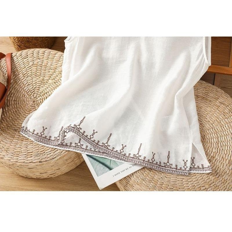 Women White Linen Blend Notch Neck Sleeveless Tank Top Hem Ethnic Embroidery Loose Casual Vest