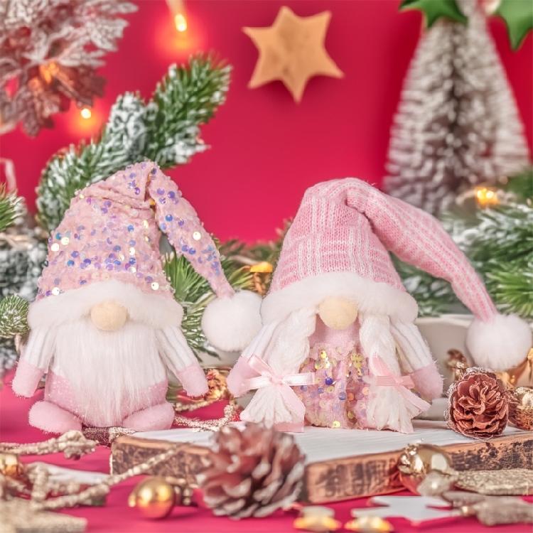 Pink Dwarfs Christmas Decorationtoy With Sequined Hat/Dress,Embroidered Detail, Plushie Feel Mini Plushie Toy