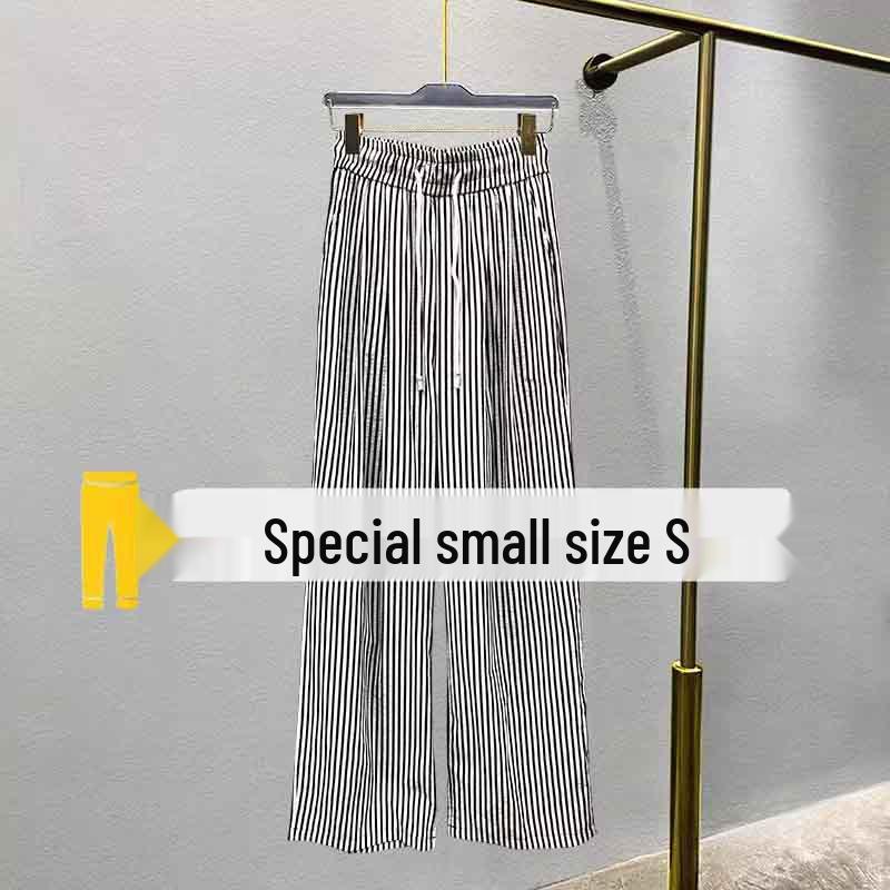 Women's Summer Striped Tie-Waist Wide-Leg Pants - Petite Fit, 145cm, Casual Lazy Style