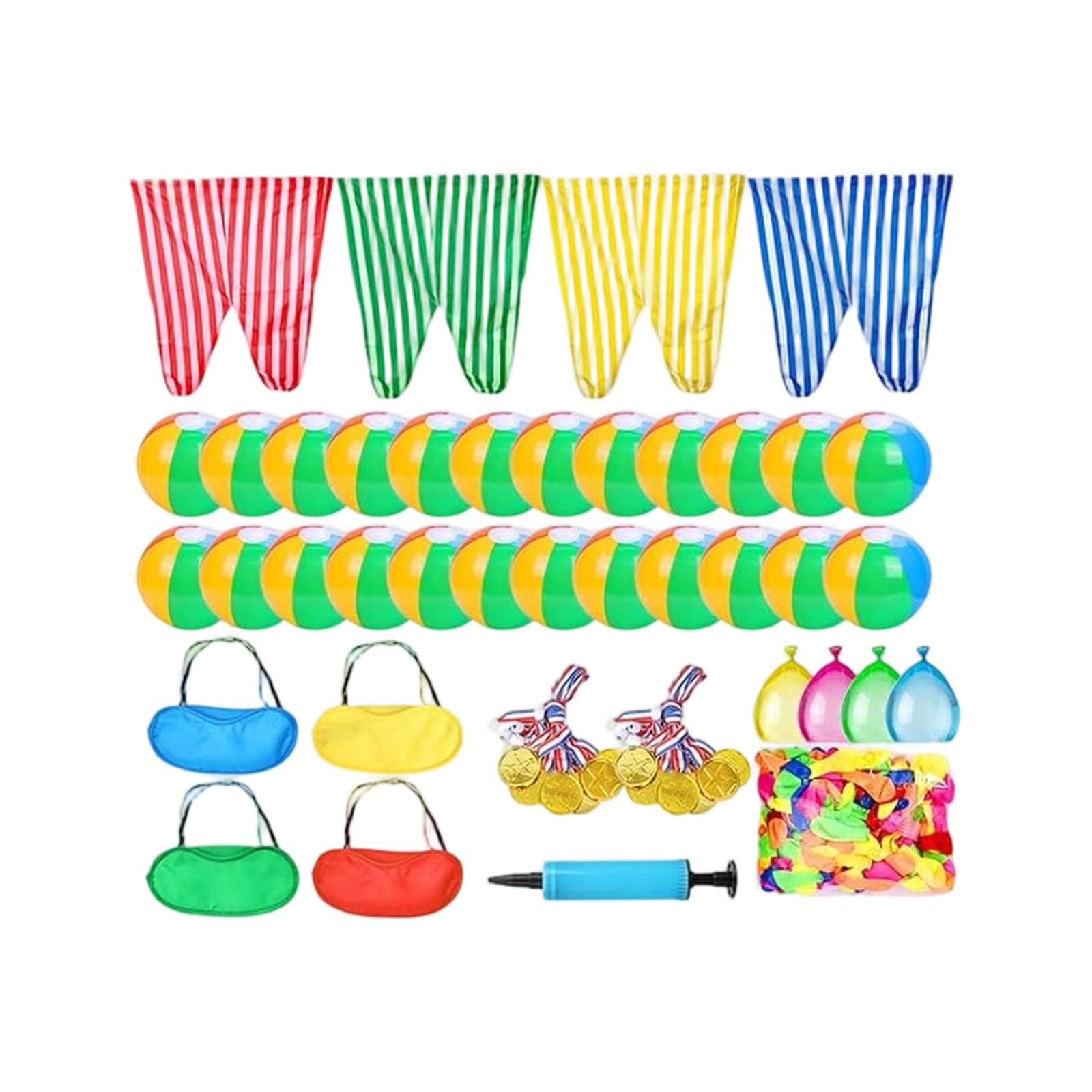 

145 Piece Outdoor Garden Game Set Includes Bean Bags Water Balloons Inflatable Balls Medals and Pump for Group Activities and Parties One Size