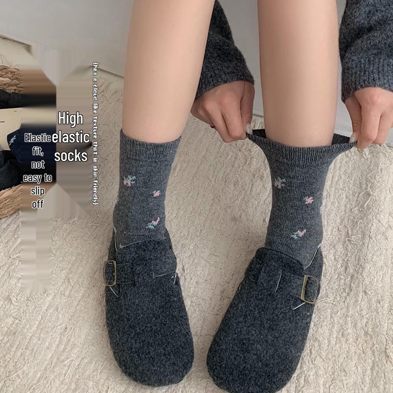 Women's Khaki Wool Mid-Calf Socks - Autumn/Winter Floral Scrunch, Cashmere-Blend, Thick & Warm