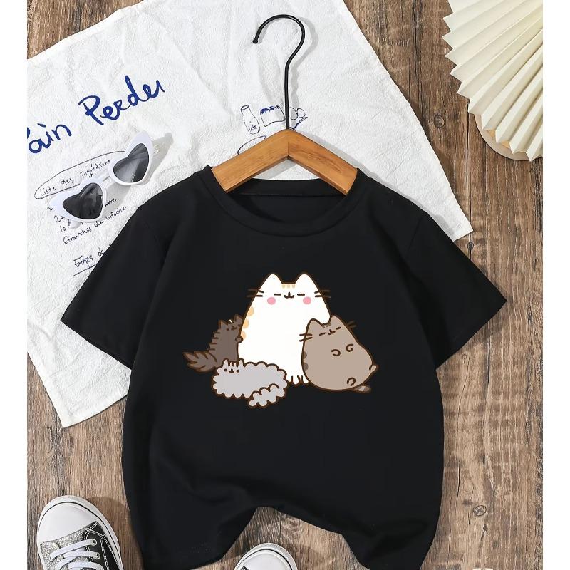 Children's cartoon cat printed cotton T-shirt with soft round neck and short sleeves suitable for boys and girls summer tops