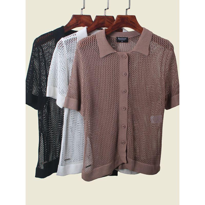 French Entry Lux Sense Polo Collar Short Sleeve Knitwear Summer Thin Hollow Sexy Single Breasted Tops