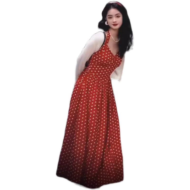 Retro Red Polka Dot Halter Midi Dress