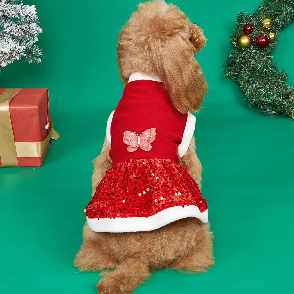 Autumn Winter Pet Plush Dress Christmas Dog Glitter Dress Small Teddy Dress Cat Clothes Dog Dresses for Small Dogs Puppy