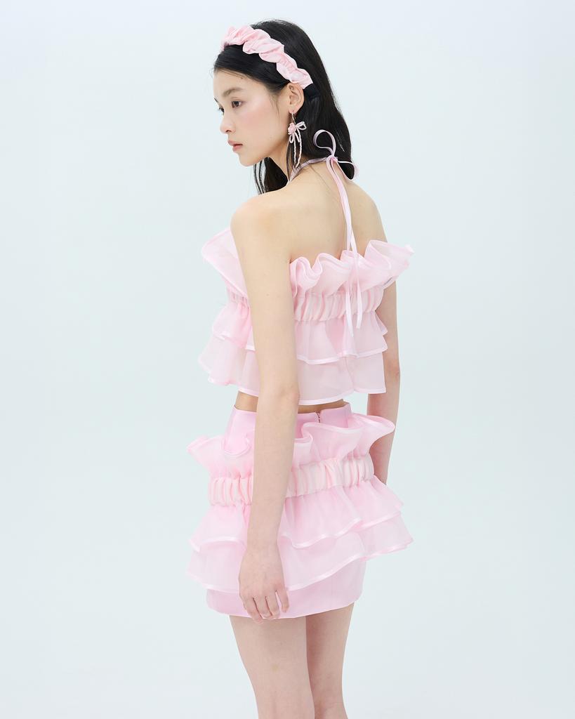 Leobyui Organza Ripple Layered Skirt Pink