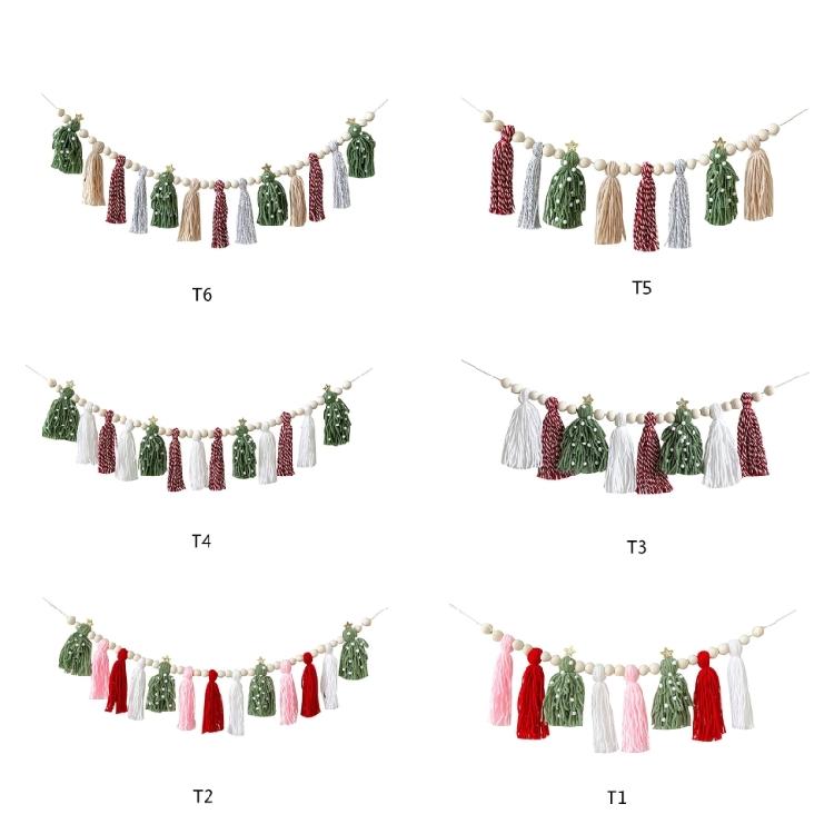 Christmas Garlands Decoration Cotton Tassels Garlands with Wood Beads Wall Hanging Bunting Banners Decors for Mantel