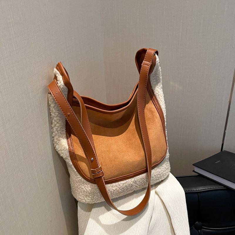 Women Large Capacity Lamb Wool Furry Bucket Shoulder Crossbody Daily Tote Bag