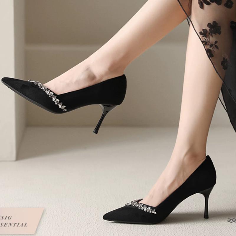 Suede Shallow Women Shoes Crystal Pointed Toe High Heels Elegant Pumps 2025 Trend Fashion Dress Party Winter Mujer Zapatillas