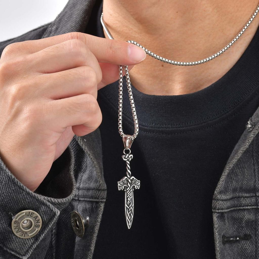 Fashion Retro Nordic Celtic Knots Rune Sword Pendant Stainless Steel Necklace for Men, Vintage Punk Jewelry Gift
