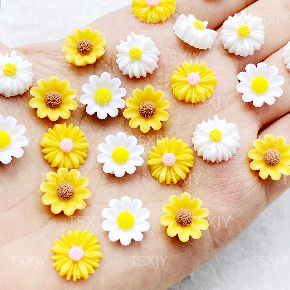50Pcs Resin 3D Mini Sunflower Flower, chrysanthemum Gems Flatback Figurines Scrapbook Wedding Applique Nail Art Decor Crafts