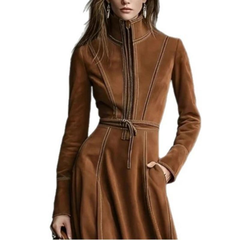 Elegante Vintage Suède Stof Lange Mouwen A-lijn Jurk Met Rits En Riem