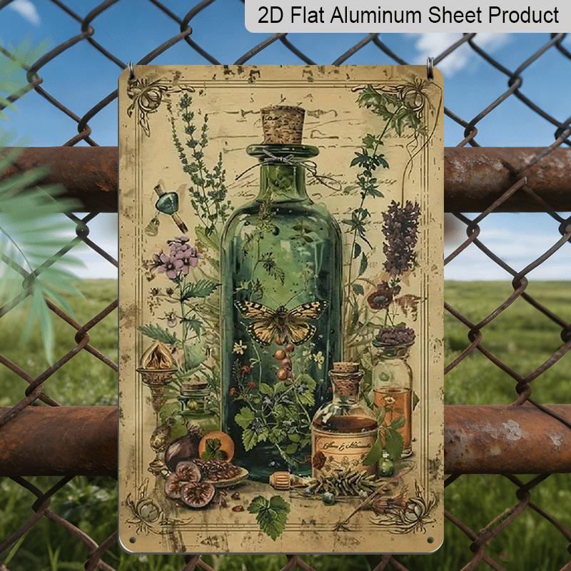 2D flache Vintage-Metallwandkunst mit dekorativen Schildern und Aluminiumplaketten von Kräuterelixieren, die rustikale Pflanzendrucke mit Glasflaschen zeigen