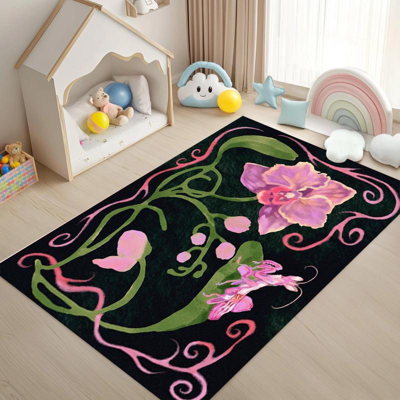 

European American Style Nature Art Floral Rug, Orchid Mantis Botanical Non-Slip Entry Rug, Living Room Decor Carpet Bedroom 50cm x 80cm