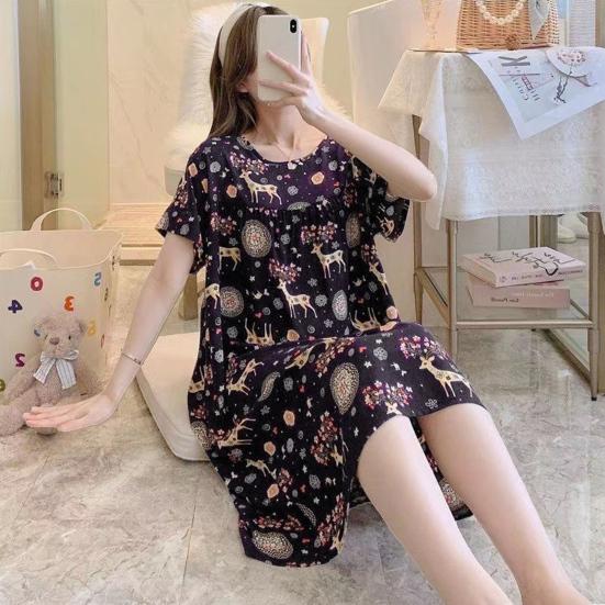 Women Nightdress Loose Floral Print Round Neck Pleated Short Sleeves Knee Length Homewear Casual Midi Dress Lady Nightgown Midi Dress