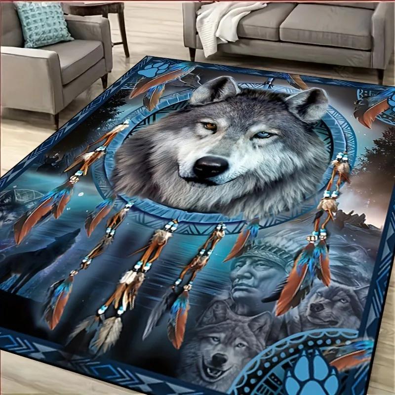 Elegant Wolf Dream Catcher Pattern Rug Anti Slip Kitchen Carpet for Kitchen Living Room Bedroom Mat Washable Area Flannel Rugs