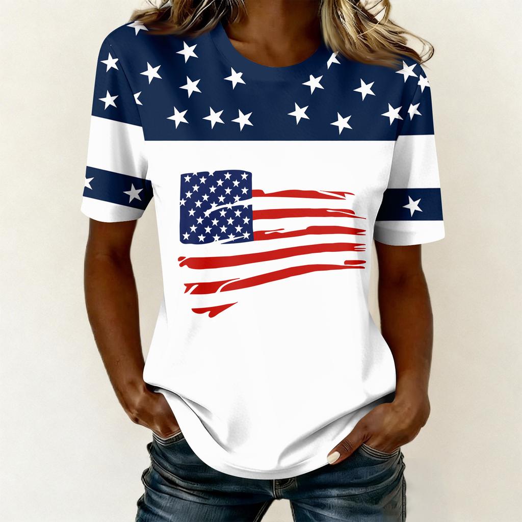 Camiseta feminina casual estampada gola redonda pulôver manga curta top