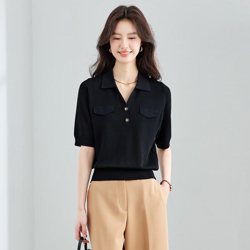 CARBAMMI Women's Ice Silk Knit Short-Sleeve Cropped Polo T-Shirt