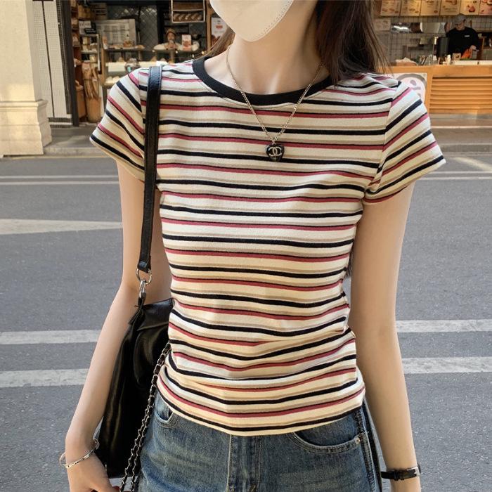 Women's Summer 2025 Popular Striped Short Sleeve T-shirt | Unique & Stylish Straight Shoulder Design