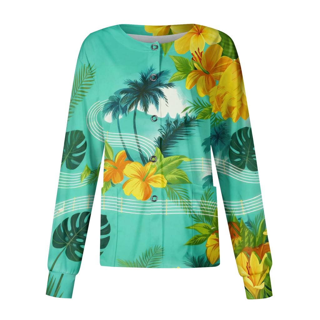 Women's Casual Long Sleeve Single Breasted Hawaiian Print Caregiver Jacket Cardigan Top Lightweight Button Up Shirt for Work