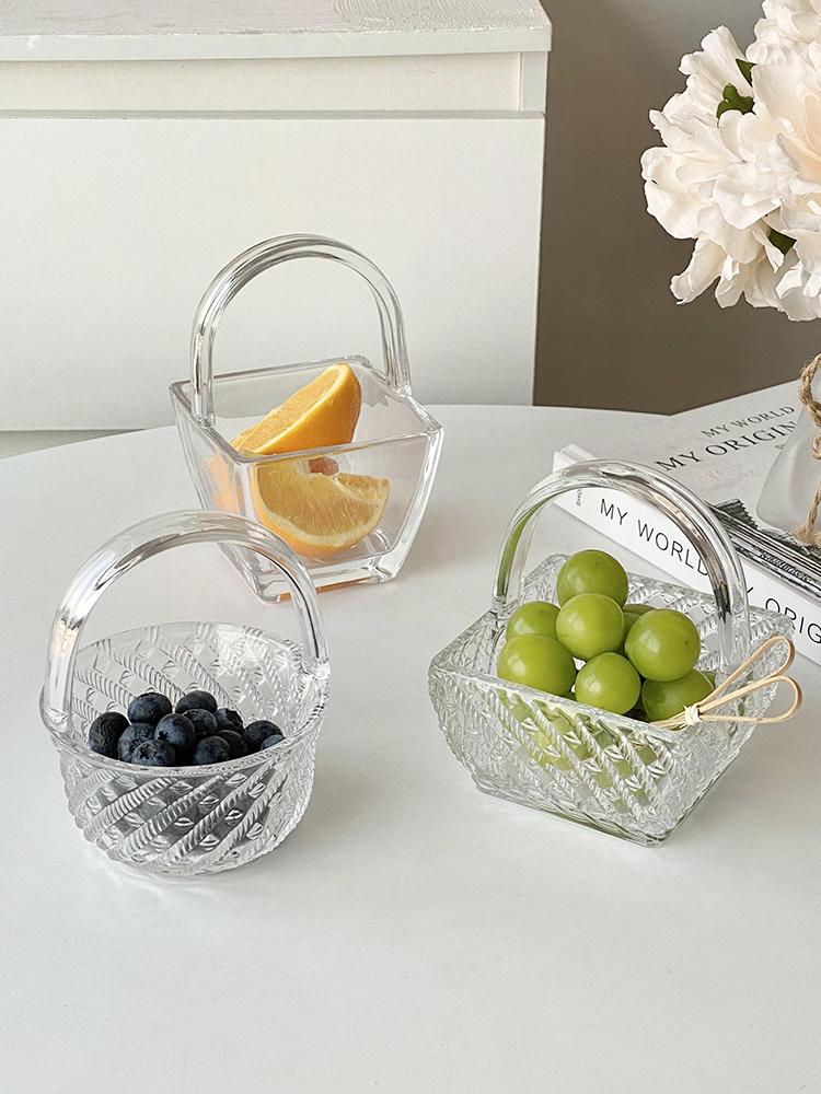 High Beauty Relief Rattan Woven Glass Fruit Basket Living Room Household Portable Dim Sum Tray European Transparent Snack Plate