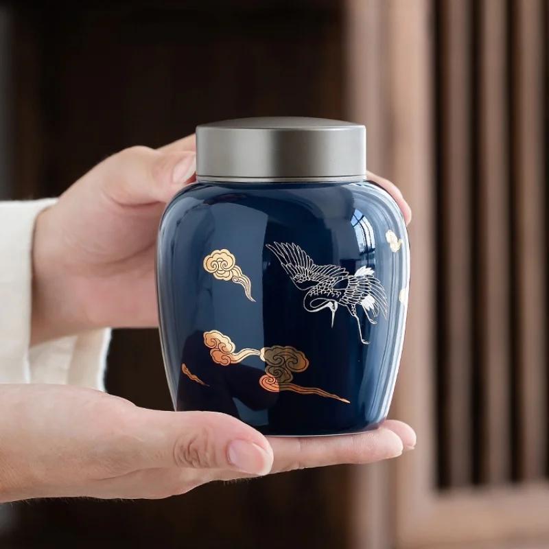 Keramické dózy na čaj v čínskom štýle na uskladnenie čaju, utesnené dózy pre domácu kuchyňu, kreatívne prenosné dózy s viečkom zo zliatiny na uskladnenie