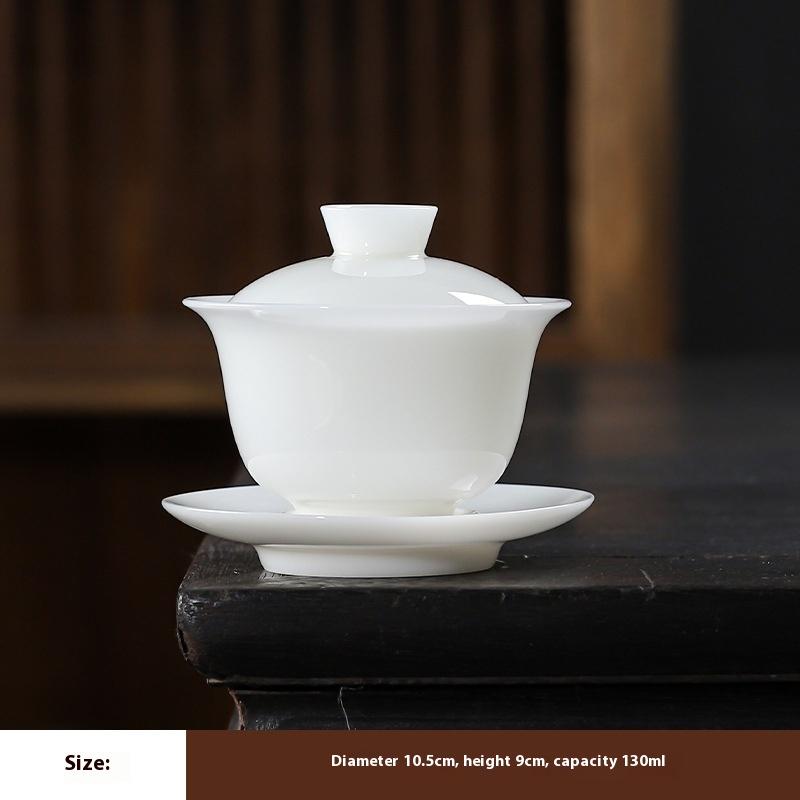 Pure Jade White Porcelain Tea Bowl Ceramic Sheep Fat Jade Three Talents Lid Bowl Gaiwan